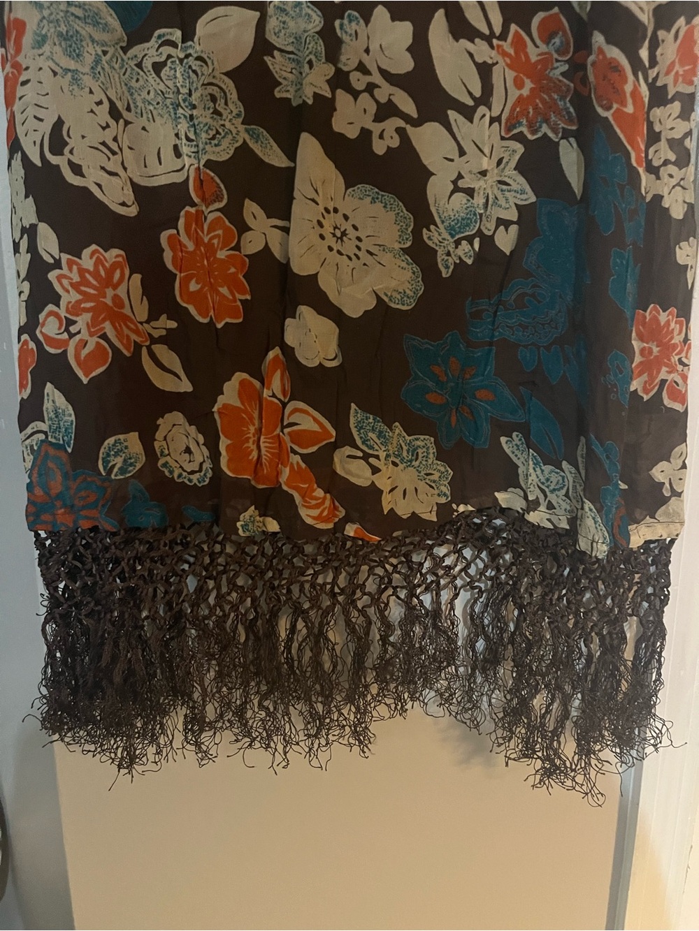 Splash Woman Floral Fringe Hem Skirt Size 16 Brown Teal Orange Boho Midi Pull On - Picture 7 of 8